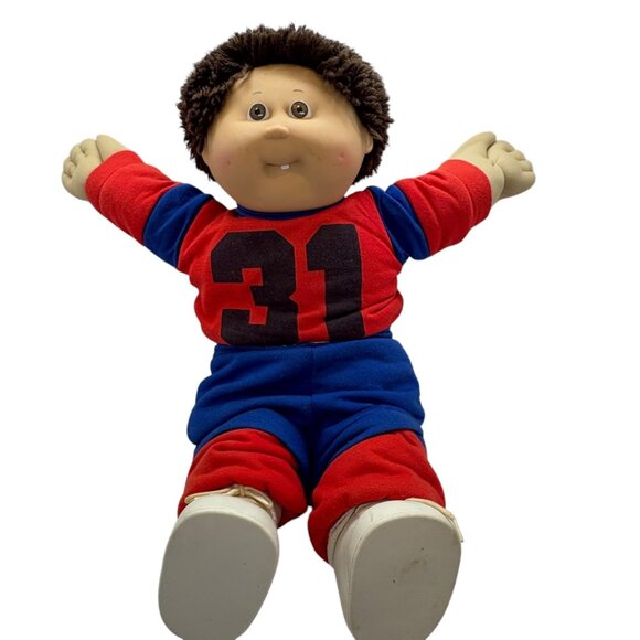 Vintage Cabbage Patch Kids Boy Doll With Brown Hair & Red/Blue Outfit - Picture 1 of 7